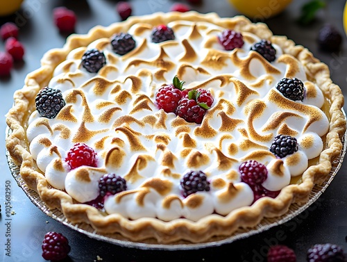 Lemon Meringue Pie with Raspberries and Blackberries photo