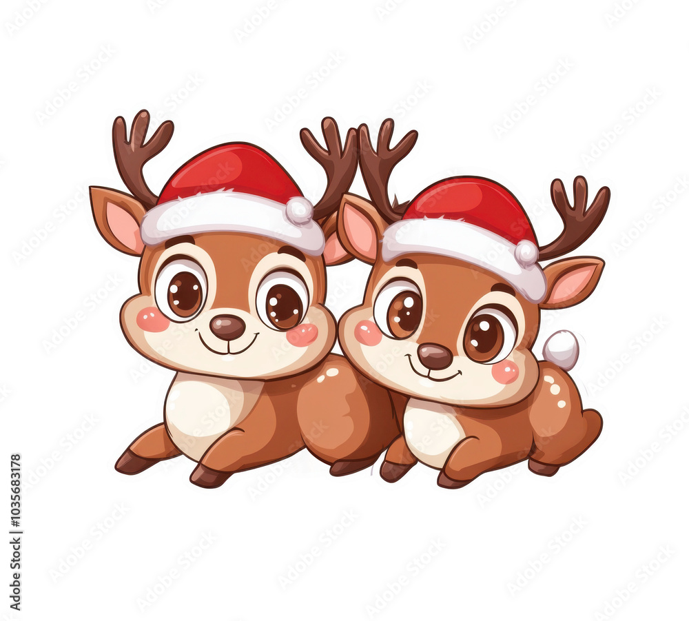 Fototapeta premium Stickers featuring a pair of Christmas reindeer wearing Santa hats, cute cartoon design. Transparent backgroundt, PNG