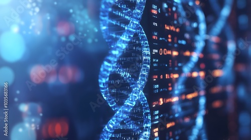 Abstract digital representation of a DNA double helix with glowing blue lines and code on a black background.