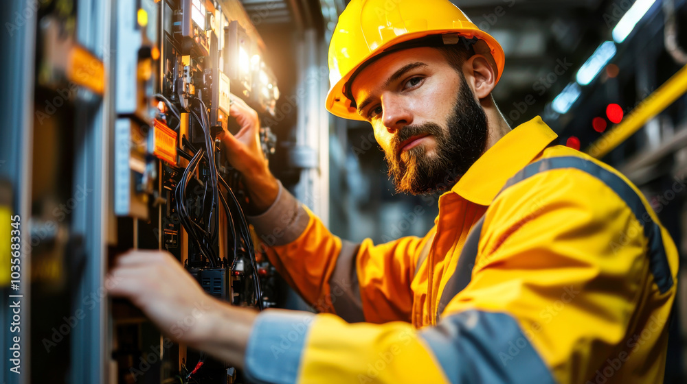 focused technician in yellow safety jacket and helmet works on industrial equipment, showcasing expertise in high tech environment focused technician in yellow safety jacket and helmet works on industrial equipment, showcasing expertise in high tech environment