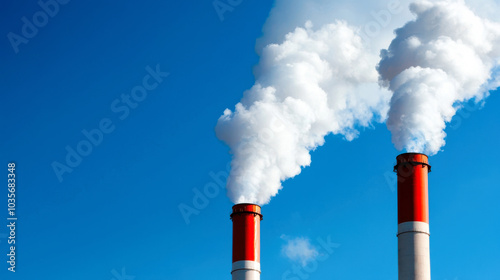 Industrial smokestacks release white smoke into clear blue sky, highlighting environmental concerns related to air pollution and sustainability