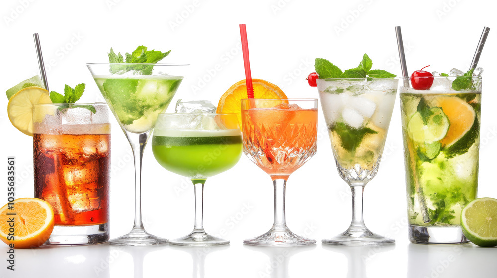 Variety of Cocktails and Mocktails on White Background Generative AI Variety of Cocktails and Mocktails on White Background Generative AI