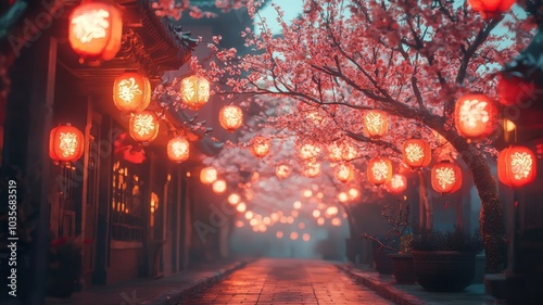 Lanterns Lining Festive Street at Night