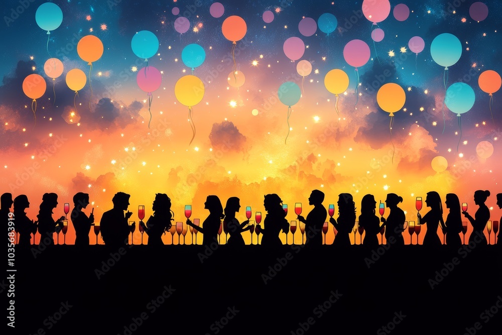 Icon of balloons and drinks surrounded by people chanting a birthday song. Stock illustration. Icon of balloons and drinks surrounded by people chanting a birthday song. Stock illustration.