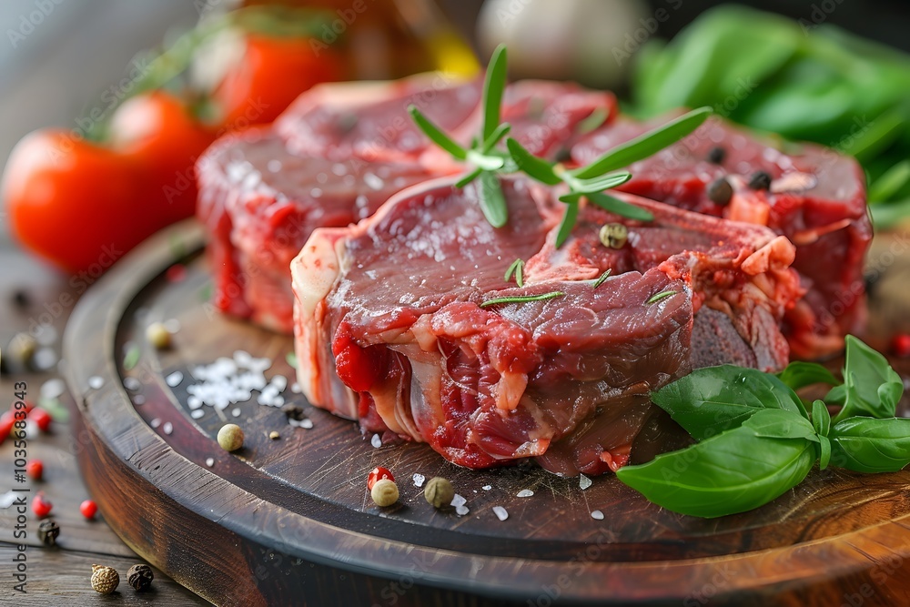 Fresh Cuts of Meat Ready for Cooking with Herbs and Vegetables Fresh Cuts of Meat Ready for Cooking with Herbs and Vegetables