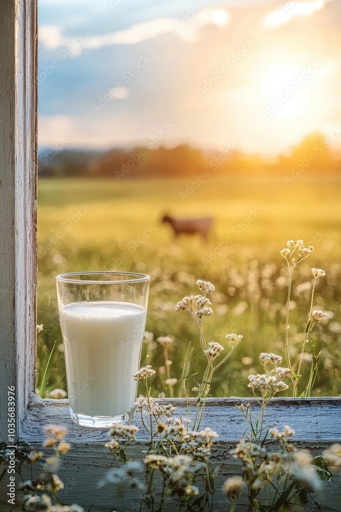 a glass of milk on the windowsill. Selective focus a glass of milk on the windowsill. Selective focus
