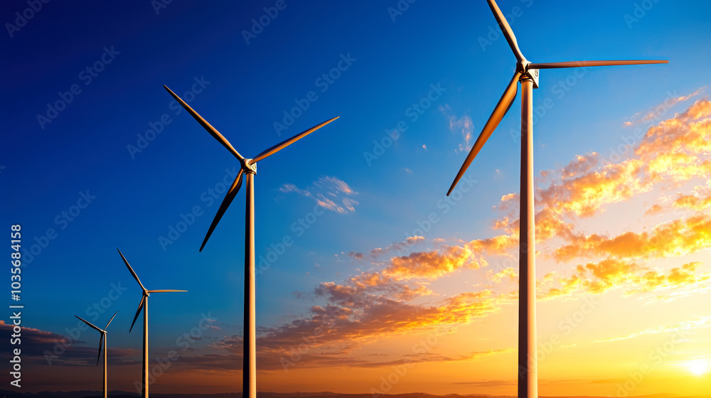 Wind turbines stand tall against vibrant sunset sky, showcasing advancements in renewable energy. scene captures beauty of sustainable technology in harmony with nature Wind turbines stand tall against vibrant sunset sky, showcasing advancements in renewable energy. scene captures beauty of sustainable technology in harmony with nature