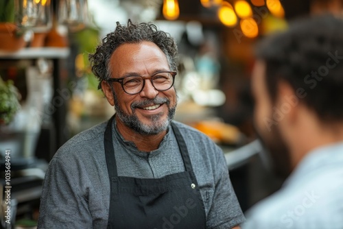 Restaurant owner having a friendly conversation with employee, Generative AI