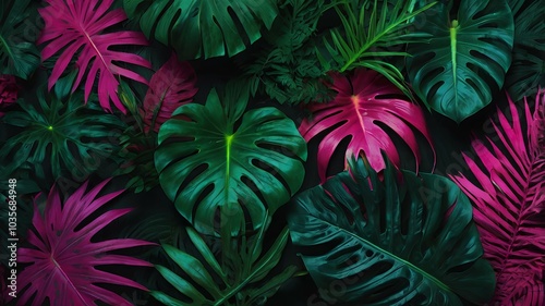 Creative fluorescent color layout made of tropical leaves with neon. Nature concept.