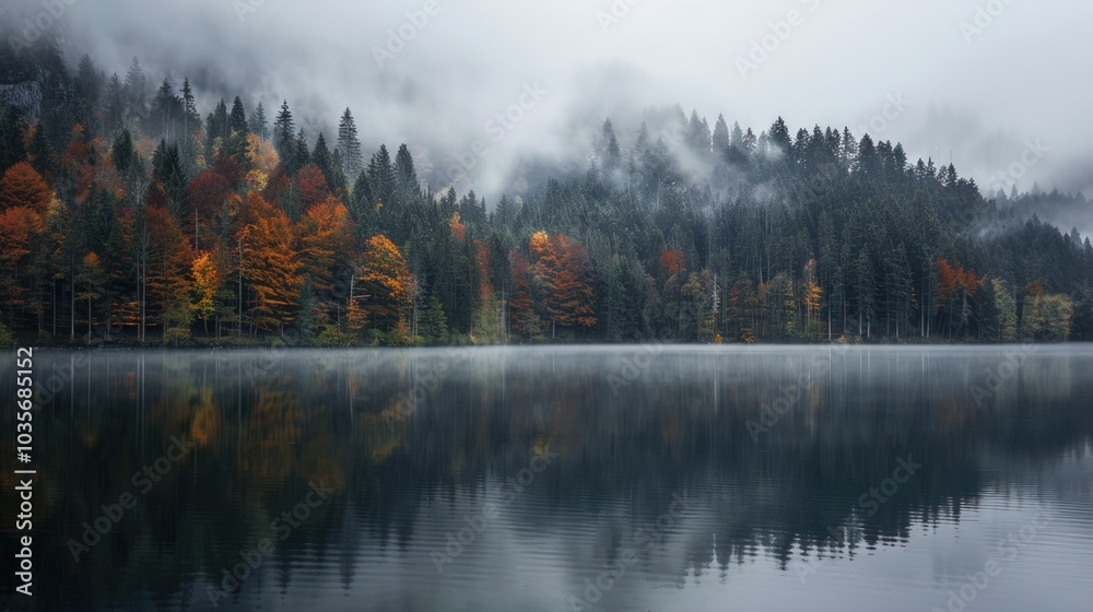 Fototapeta premium Misty Forest Reflecting in a Still Lake