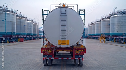 Tank truck positioned in industrial area with storage tanks.