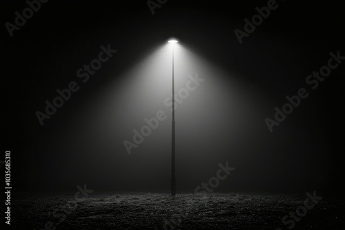 A single streetlight illuminates a foggy field at night.