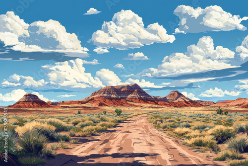 A vibrant desert landscape featuring reddish hills, a dirt road, and a dramatic sky filled with fluffy clouds.