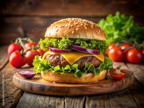 Delicious Cheeseburger with Fresh Vegetables and Melted Cheese on Sesame Seed Bun for Food Lovers