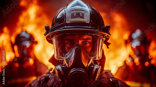 Firefighter wearing gas mask standing in front of fire