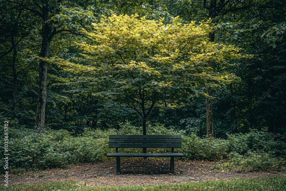 A solitary black bench beneath a leafy canopy in a verdant forest. A solitary black bench beneath a leafy canopy in a verdant forest.