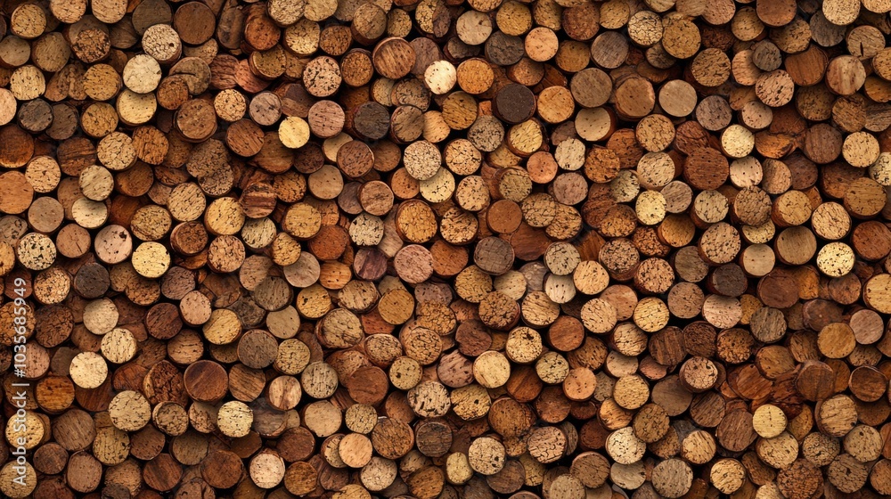 A background completely filled with wine corks, packed tightly together to create a rustic, textured surface with warm tones.
