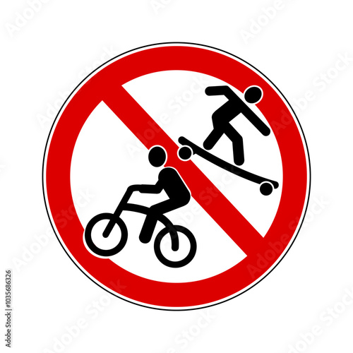 No cycling, no skateboarding. Ban sign with the pictograms of a cyclist and a skateboarder.