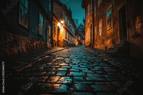 A Wet, Cobblestone Street in a European City at Night