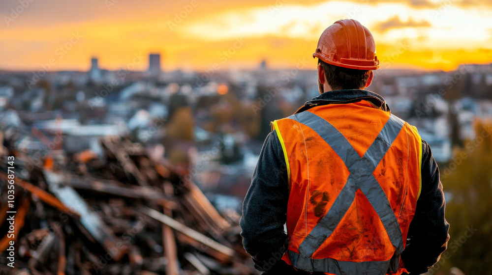construction worker in safety vest and helmet observes sunset over cityscape, reflecting on environmental impact of urban development construction worker in safety vest and helmet observes sunset over cityscape, reflecting on environmental impact of urban development