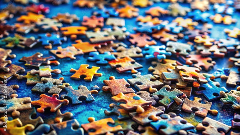 Obraz premium A close-up view of a scattered jigsaw puzzle, revealing a colorful array of interlocking pieces, each unique in shape and design, waiting to be connected and form a complete picture.