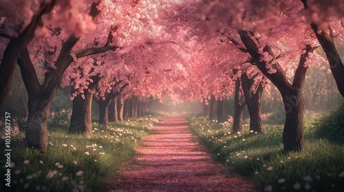 Beautiful pink blooming sakura trees alley in park at springtime. Cherry blossom trees under sun light