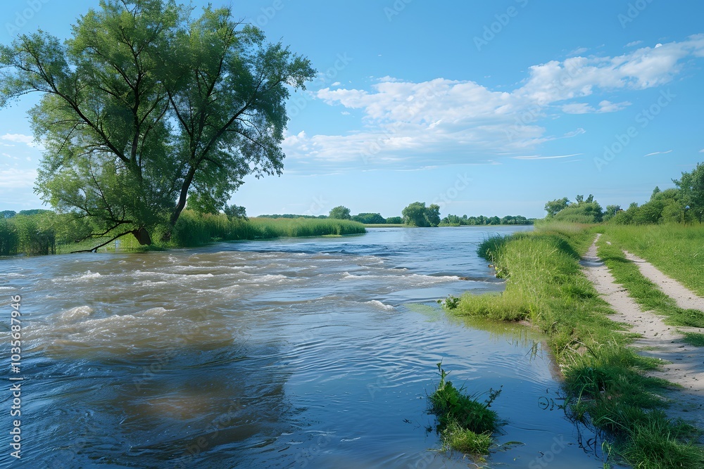 Obraz premium Serene River Landscape with Lush Greenery and Clear Blue Skies
