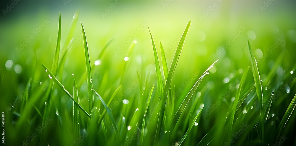 Obraz premium Dewdrops on Lush Green Grass