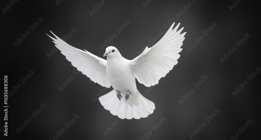Obraz premium Flying white dove with open wings on a black background