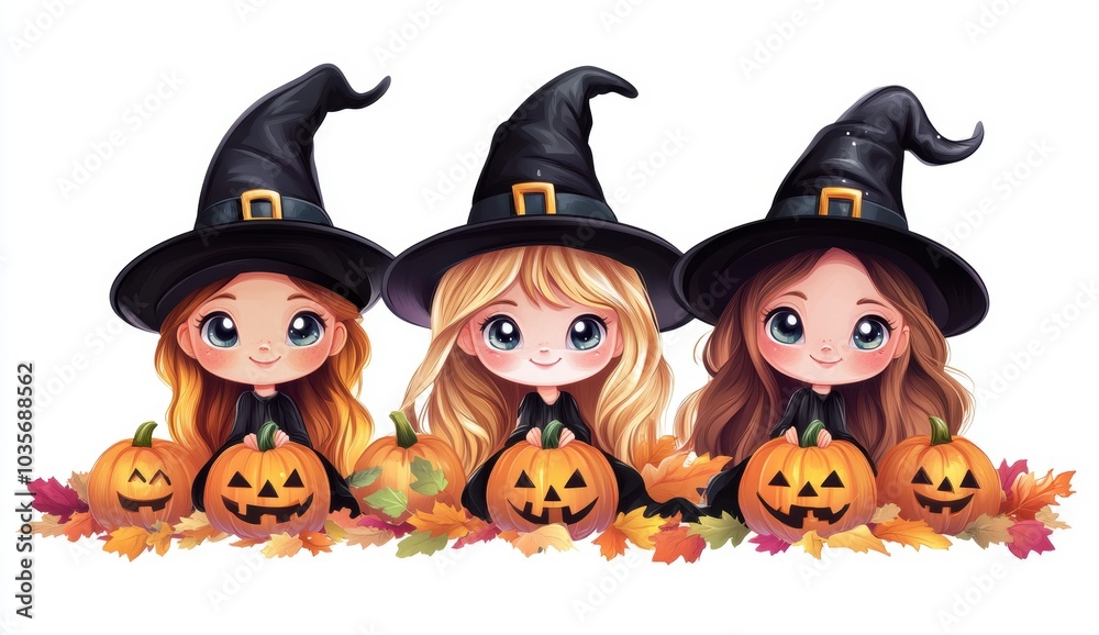 3 cute little witches in black witch hats, with pumpkins and autumn leaves, isolated on white background, vector illustration 3 cute little witches in black witch hats, with pumpkins and autumn leaves, isolated on white background, vector illustration