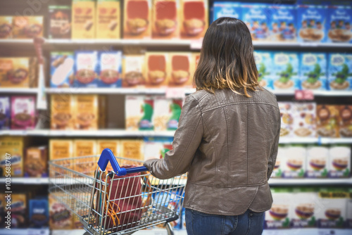 Fotografie Customer, woman and shopping at grocery store in shelf with wheel cart, food and product
