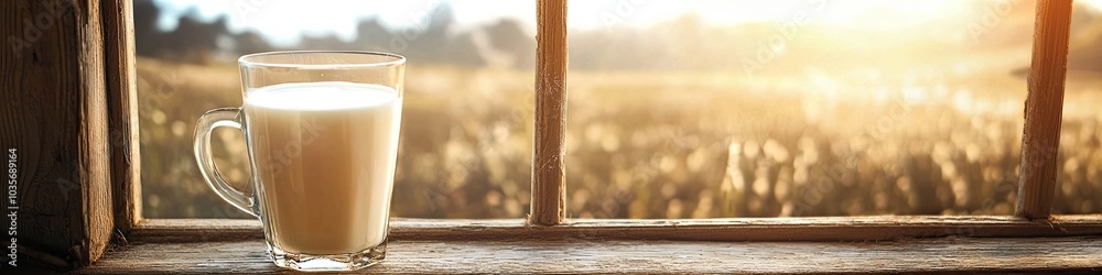 a glass of milk on the windowsill. Selective focus a glass of milk on the windowsill. Selective focus