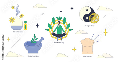 Alternative therapies depicted with aromatherapy, herbal remedies, and holistic healing in a vibrant, abstract style, transparent background. Neubrutalism style collection