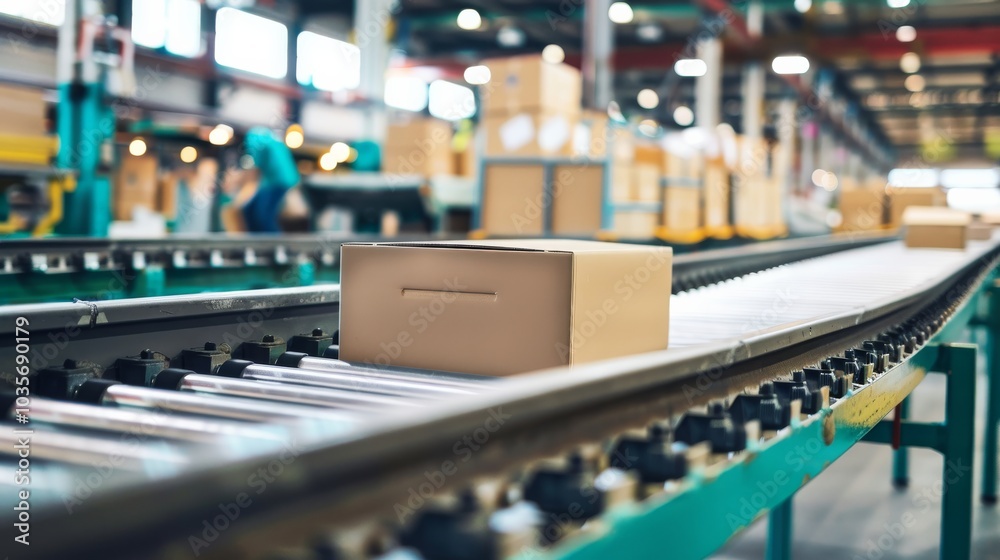 A conveyor belt system transporting boxes in a manufacturing plant, with machinery and workers, Industrial setting with clean lines A conveyor belt system transporting boxes in a manufacturing plant, with machinery and workers, Industrial setting with clean lines