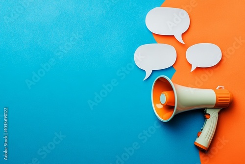 Against a light blue backdrop, a 3D rendering of megaphones and speech bubbles is presented photo