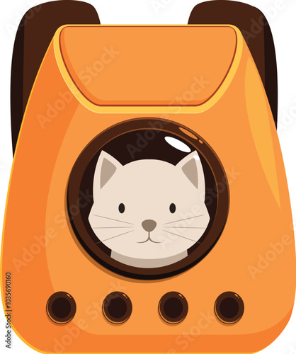 Illustration of a white cat sitting in an orange pet carrier backpack, looking out of the round window