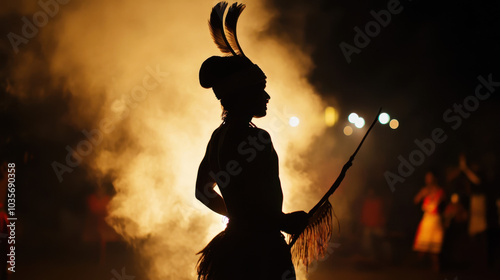 A silhouette of a person with feathers and a stick stands amidst a smoky background, capturing the essence of a cultural or traditional ritual, hornbill festival, Nagaland
