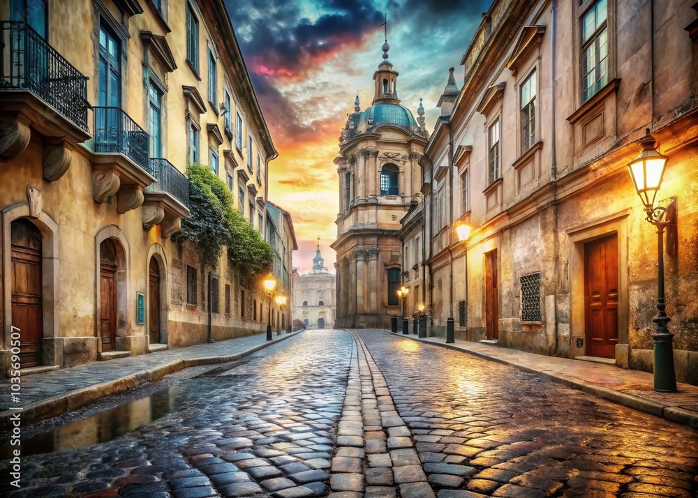 Obraz premium Double Exposure of Baroque Era Town Street with Old Stone City Road for Timeless Aesthetic