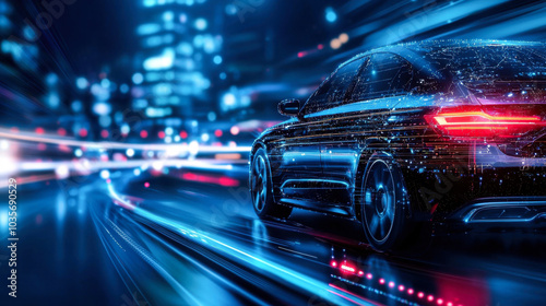 sleek, modern car is depicted in vibrant cityscape, showcasing integration of technology and speed. dynamic lights and digital effects emphasize futuristic design and automation in transportation