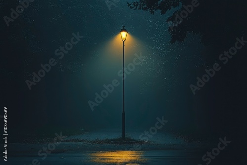 A Single Streetlight Illuminates a Foggy Night