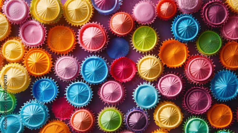 A surface densely covered with brightly colored cupcake liners, filling every inch of the frame with their playful, sweet texture. A surface densely covered with brightly colored cupcake liners, filling every inch of the frame with their playful, sweet texture.