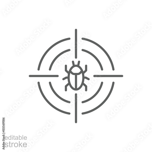 Malware bug target icon. Simple outline style. Network vulnerability, virus, malware, ransomware, fraud, spam, phishing, scam, hacker attack, IT security concept. Thin line symbol. Editable stroke.