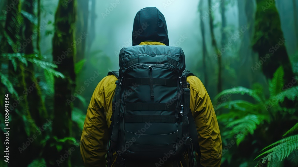 Adventurer exploring a misty forest with a large backpack, surrounded by lush greenery, creating a serene atmosphere. Adventurer exploring a misty forest with a large backpack, surrounded by lush greenery, creating a serene atmosphere.