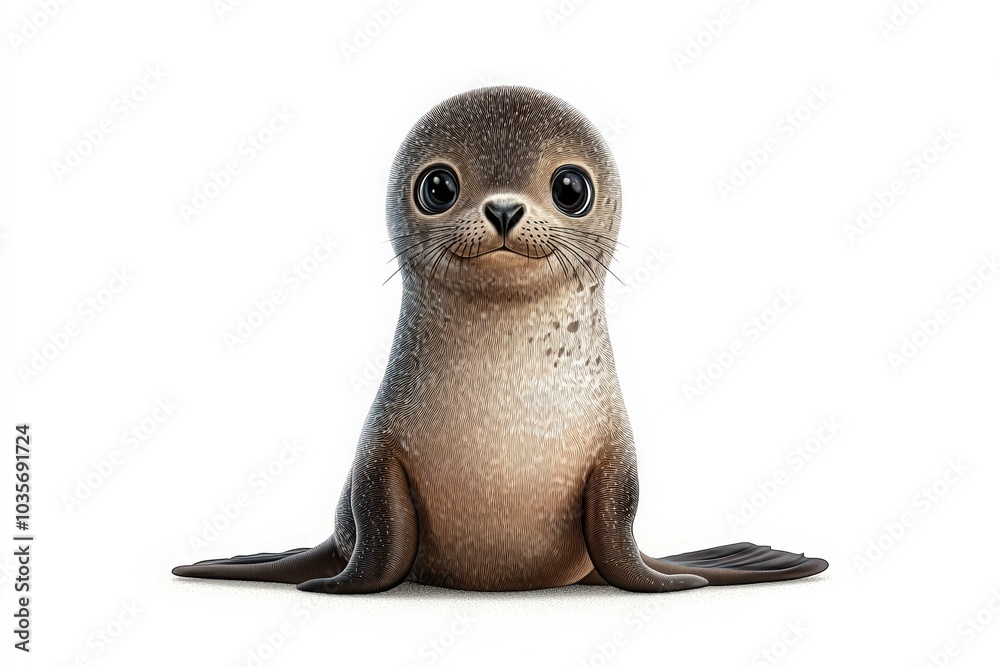 Fototapeta premium Cute seal with big eyes, white isolated background