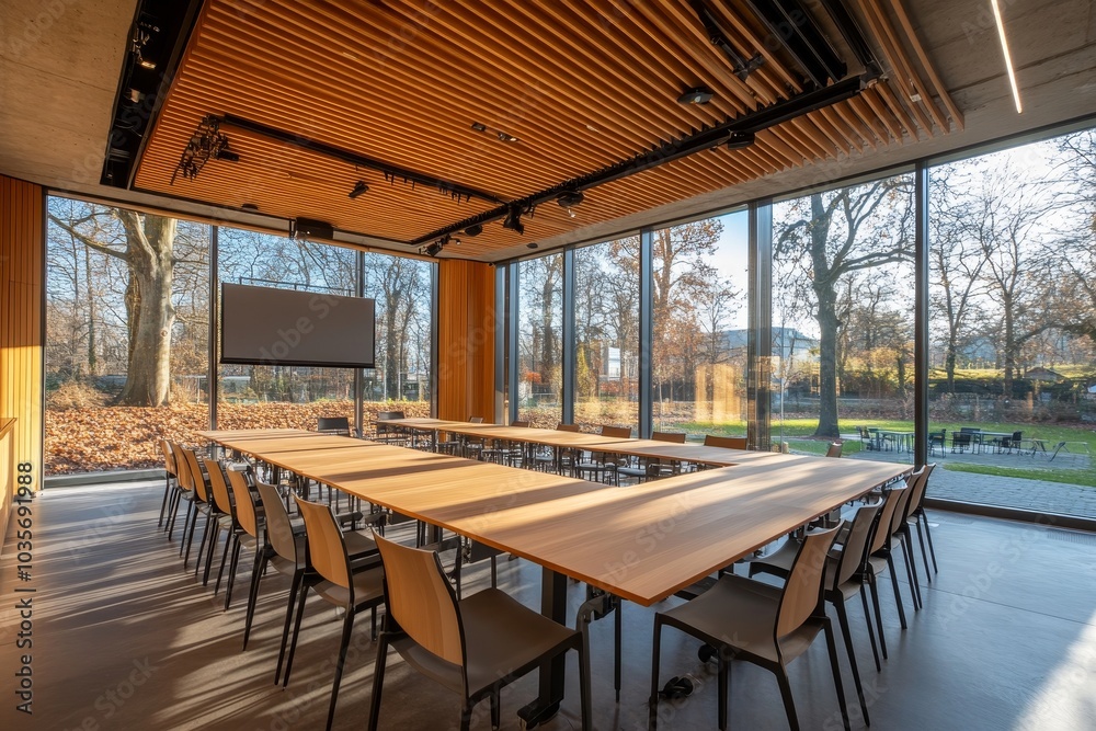 Fototapeta premium Detailed rendering of a modern conference room with a large vertical white canvas.
