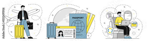 Business trips set. Man with luggage, young guy inside airplane and tickets near planet. Holiday and vacation, travel and tourism. Linear vector collection
