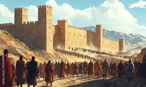 The Battle of Jericho. The walls of Jericho collapsing as the Israelites march around them, Generative AI photo