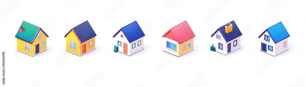 Colorful cartoon houses lined up on a white background, showcasing various architectural styles. Colorful cartoon houses lined up on a white background, showcasing various architectural styles.