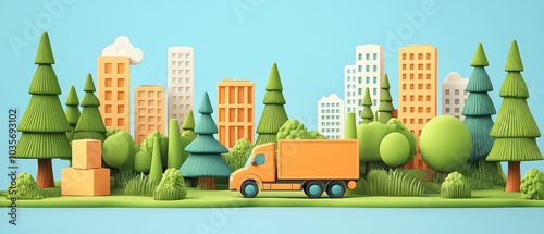 Colorful 3D illustration of a delivery truck in a city landscape with buildings and trees.