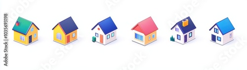 Colorful cartoon houses lined up on a white background, showcasing various architectural styles.